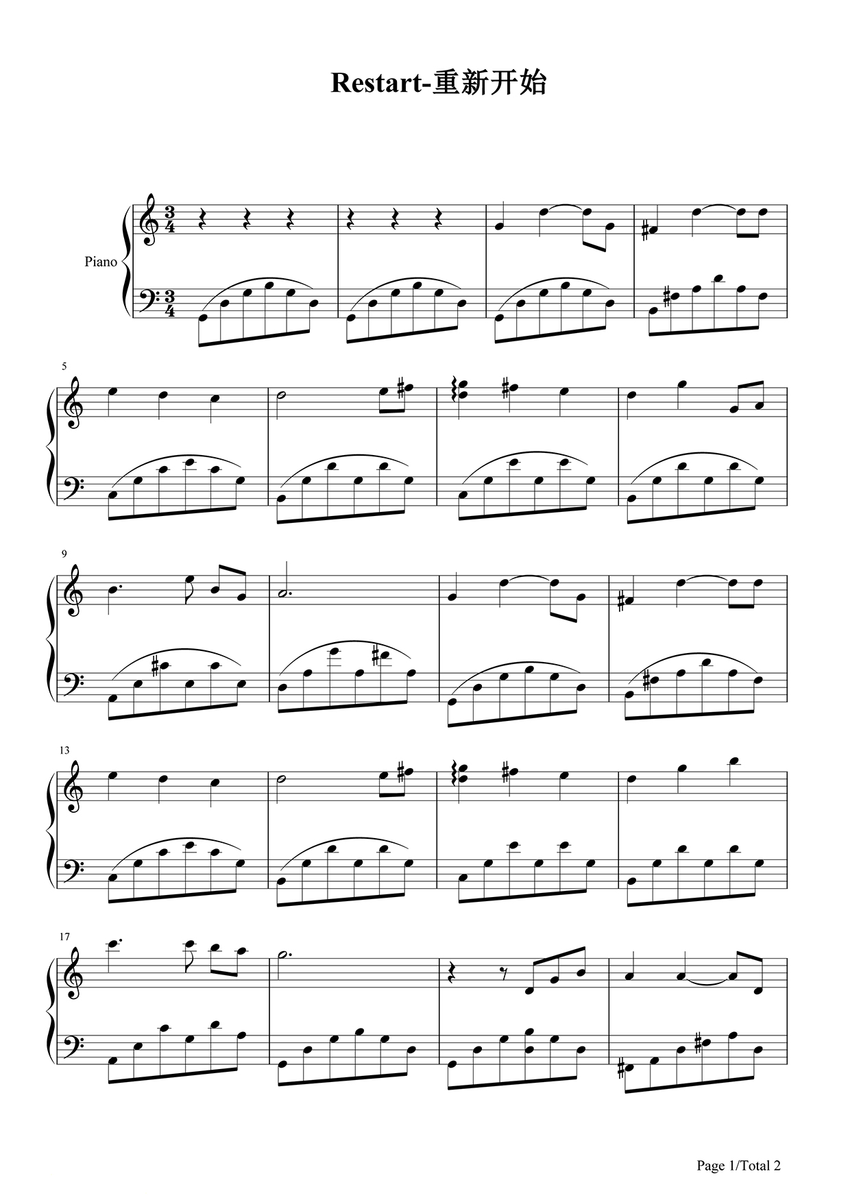重新开始（钢琴谱-久石让 Joe Hisaishi 宫崎骏）